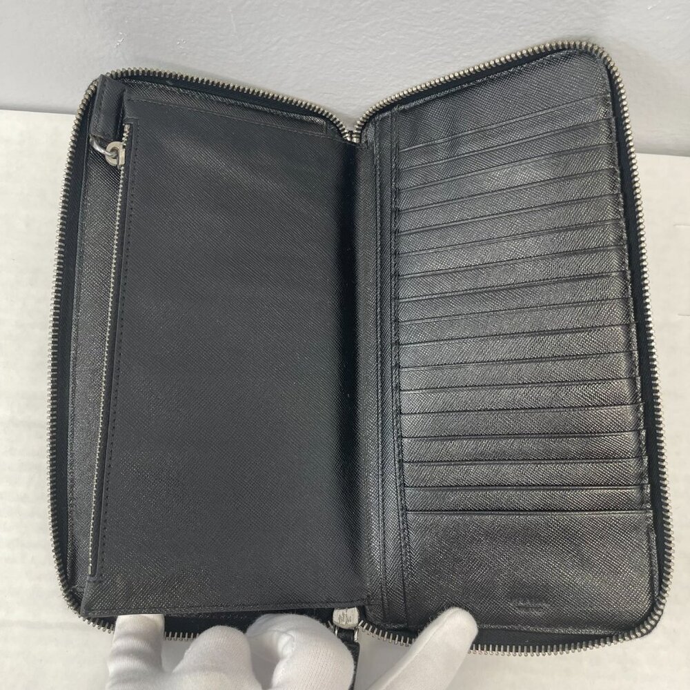 Prada Saffiano Leather Organizer Zippy Wallet in Black and Turquoise - Preowned - Picture 2 of 13